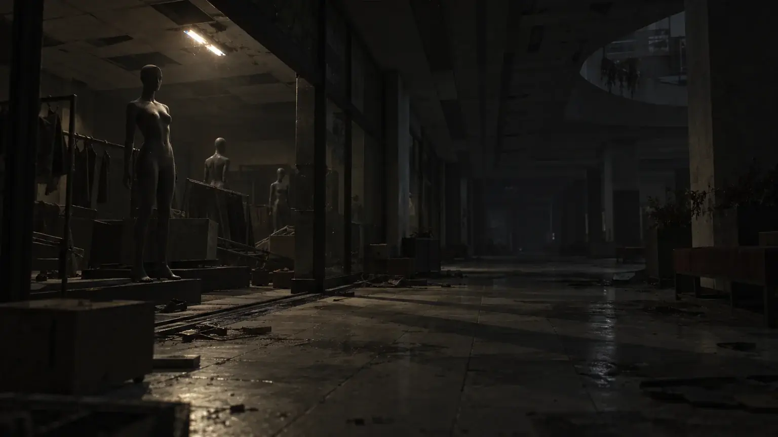 Empty, dimly lit mall corridor with storefront mannequins and debris scattered on tiled floor.